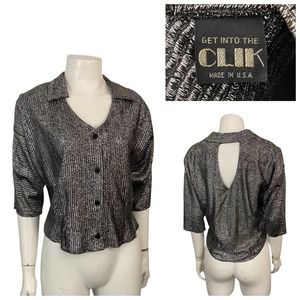 1990s Metallic Cropped Button Up Blouse Shirt Keyhole Cutout Back / Women’s XL